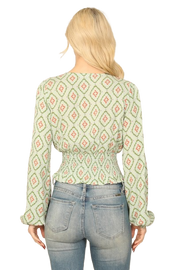 Sage V Neck Long Sleeve Smocked Ruffle Waist Printed Top - Pack of 6